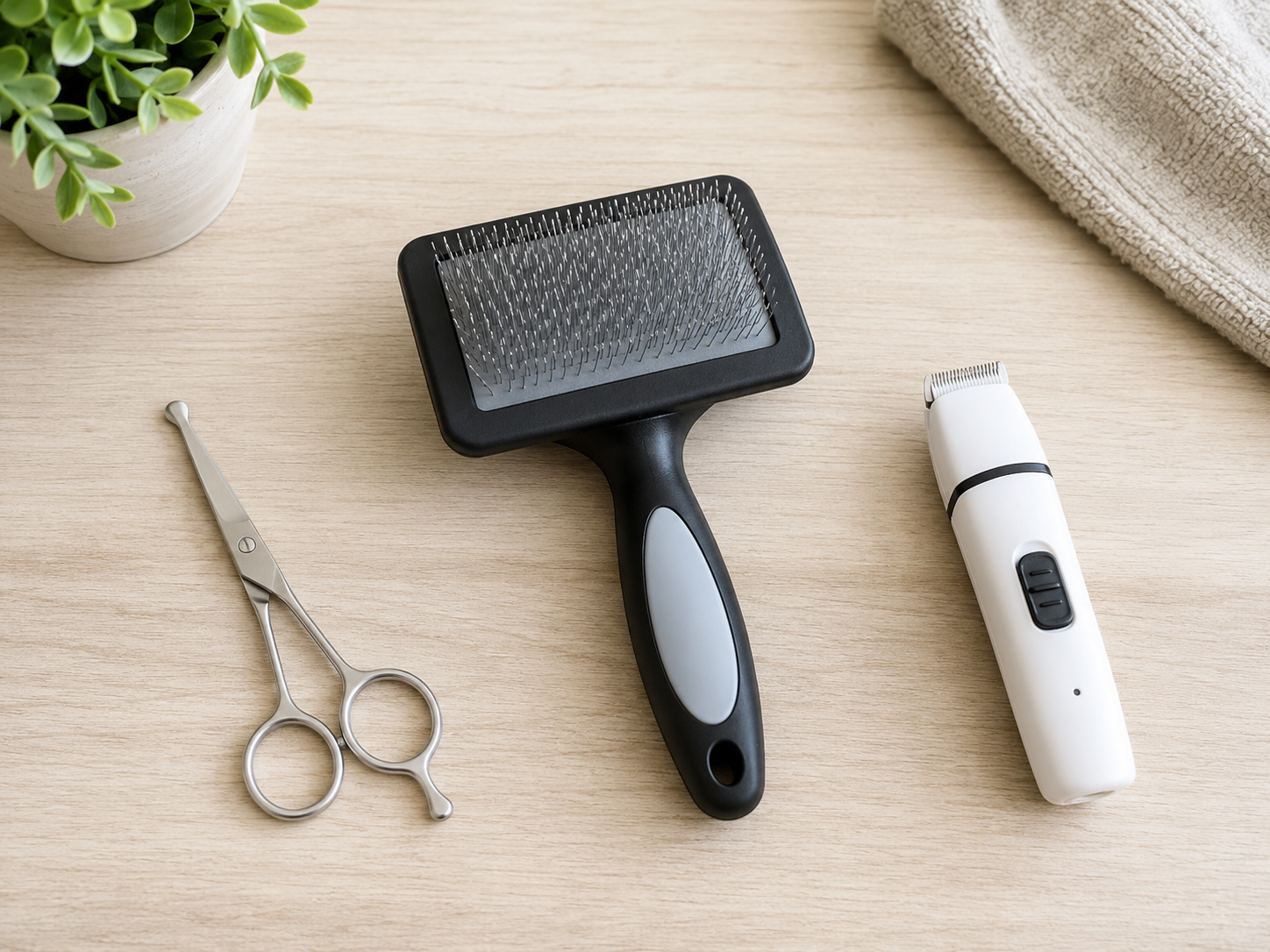 Bộ dụng cụ cơ bản gồm lược bàn kim, kéo nhỏ đầu bo tròn và tông đơ mini đặt trên mặt bàn sạch