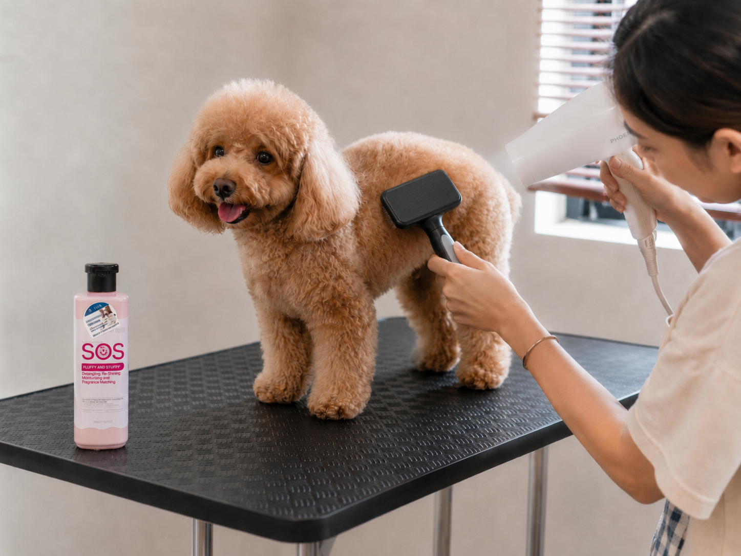 Chó Poodle được sấy và chải nâng lông sau khi tắm, chai SOS Hồng đặt nhỏ ở góc ảnh