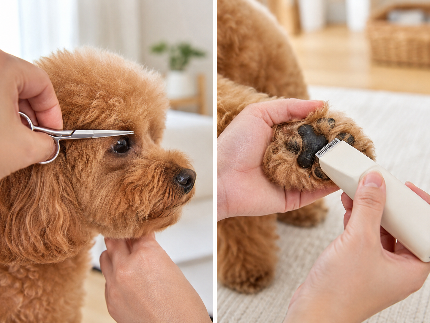 Góc cầm kéo đầu bo tròn hướng ra xa mắt khi tỉa phần lông che tầm nhìn của chó Poodle