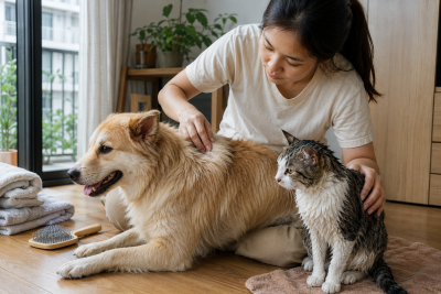 Chủ nuôi kiểm tra da và lông chó mèo sau khi đổi sữa tắm.