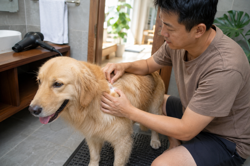 Chủ nuôi nhẹ nhàng tách lông chó để kiểm tra da sau khi sấy.