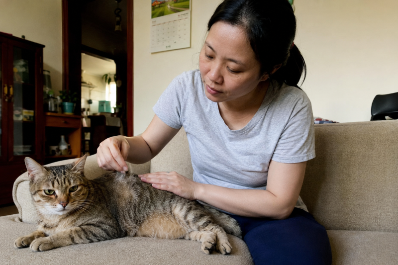 Chủ nuôi kiểm tra da và hành vi của mèo trong 72 giờ sau khi tắm.