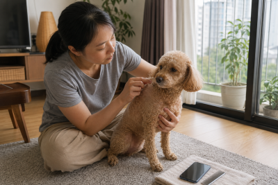 Chủ nuôi kiểm tra một vùng lông cố định trên vai chó Poodle sau khi tỉa ngắn.