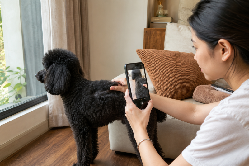 Chủ nuôi chụp lại cùng một vùng lông Poodle để theo dõi tiến triển theo tuần.