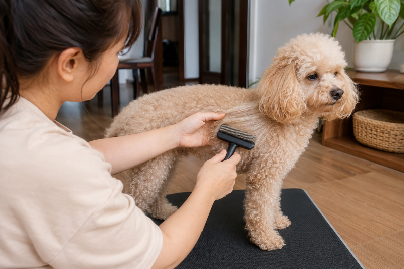 Chủ nuôi giữ phần lông gần da và chải nhẹ phần ngọn cho chó Poodle.