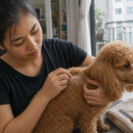 Chủ nuôi kiểm tra các sợi lông ngắn xen sợi dài trên vai chó Poodle.