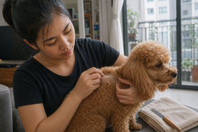 Chủ nuôi kiểm tra các sợi lông ngắn xen sợi dài trên vai chó Poodle.