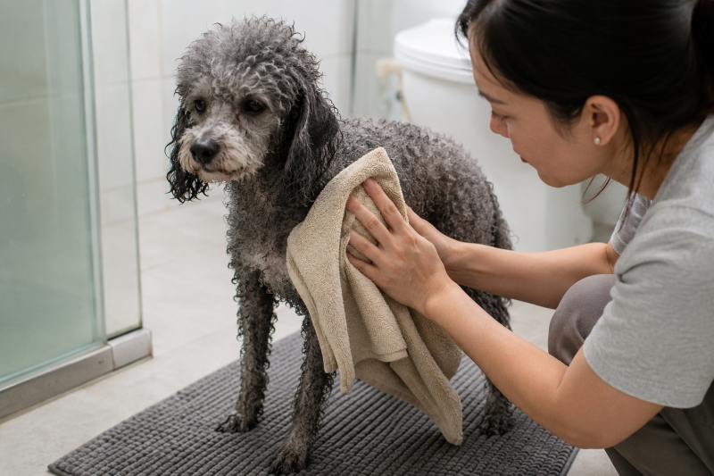 Chủ nuôi dùng khăn ép nhẹ để thấm nước trên lông Poodle sau tắm.