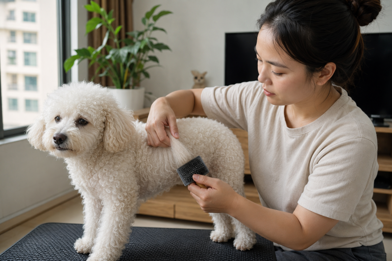 Chủ nuôi giữ phần lông gần da và chải từ ngọn cho chó Poodle.