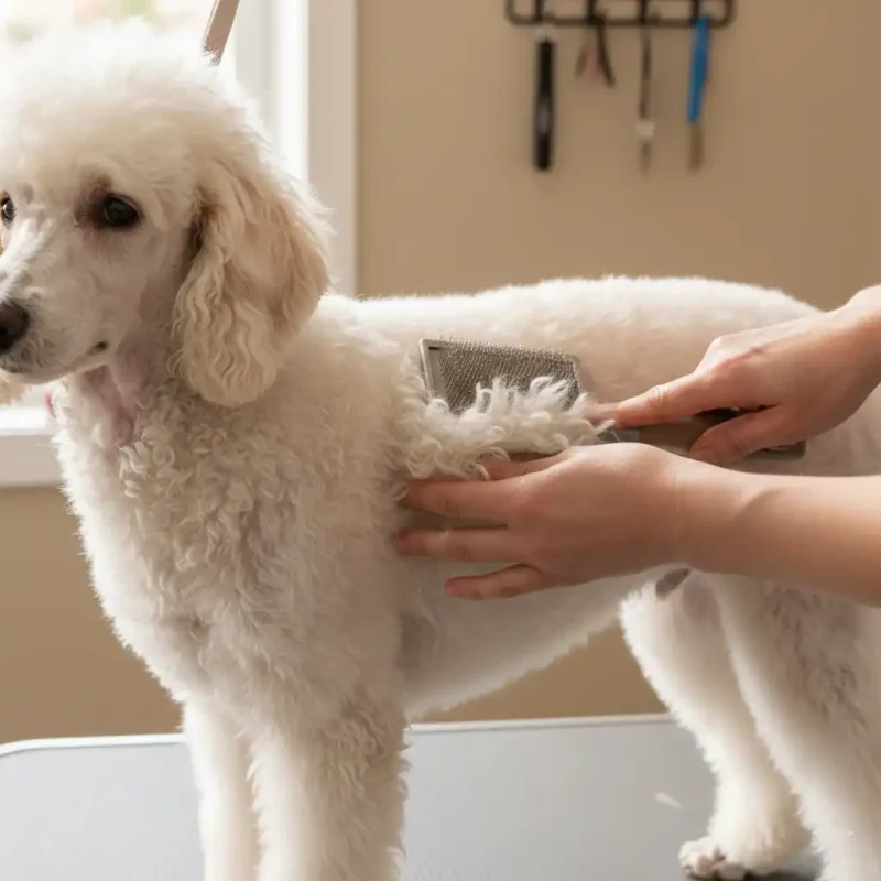Người chăm đỡ một lớp lông nhỏ và chải phần ngọn cho Poodle.