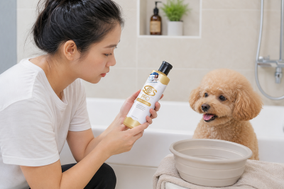 Chủ nuôi đọc hướng dẫn sử dụng sữa tắm trước khi tắm cho chó mèo.