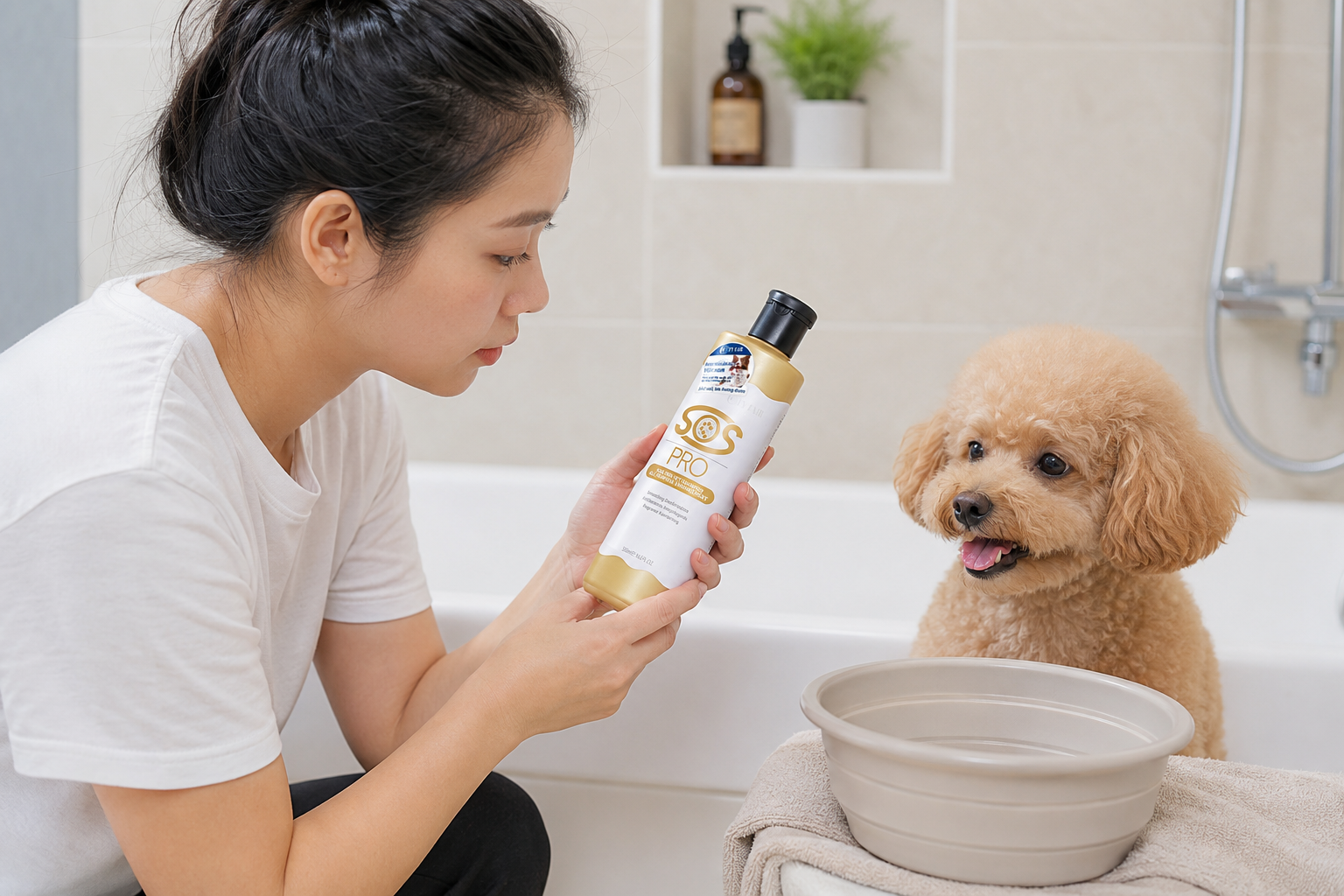 Chủ nuôi đọc hướng dẫn sử dụng sữa tắm trước khi tắm cho chó mèo.