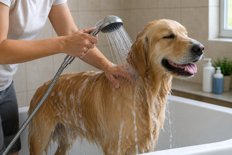 Tách từng lớp lông để xả sạch sữa tắm ở vùng sát da.