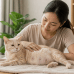 Mèo bầu được chăm sóc nhẹ nhàng trong không gian ấm áp tại nhà.