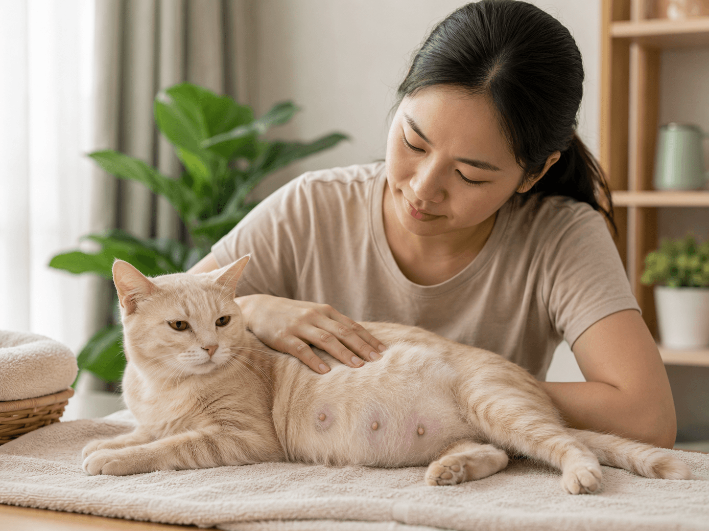 Mèo bầu được chăm sóc nhẹ nhàng trong không gian ấm áp tại nhà.