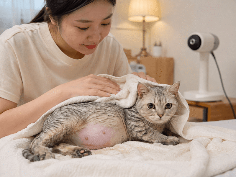 Mèo được lau khô và giữ ấm ngay sau khi làm ướt người.