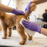 Kiểm tra vùng phía sau của chó trong lúc grooming.