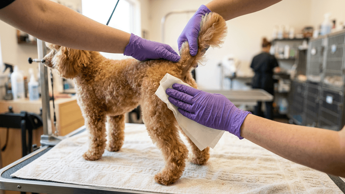 Kiểm tra vùng phía sau của chó trong lúc grooming.