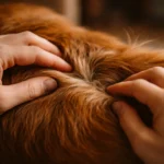 Người dùng tay rẽ lông chó để kiểm tra vùng da bên dưới