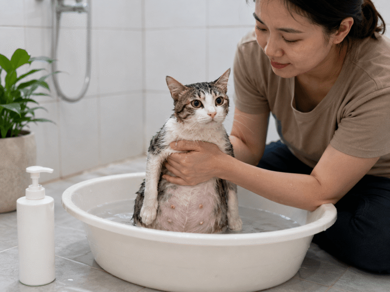 Mèo đang được tắm nhẹ trong chậu với thao tác nhẹ nhàng và kiểm soát tốt.