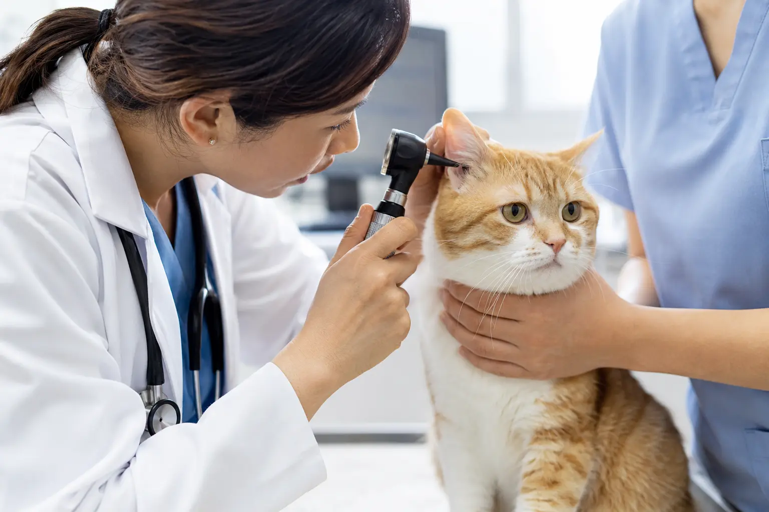 Bác sĩ thú y soi tai cho mèo để kiểm tra nguyên nhân gây ngứa và ráy tai