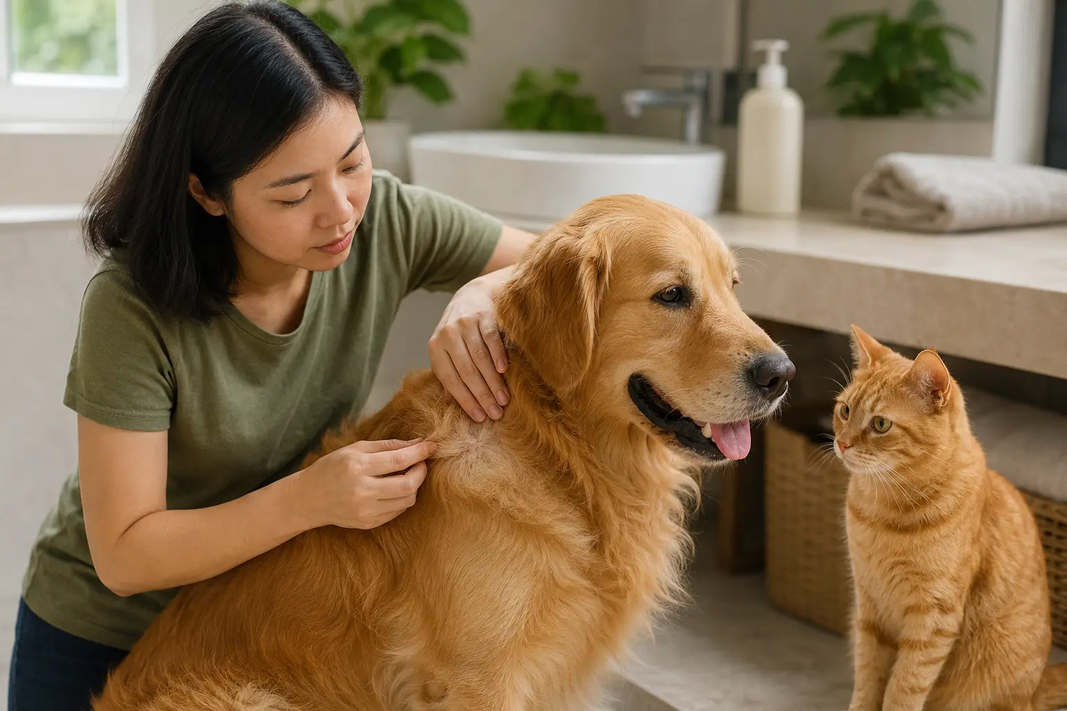 Người nuôi kiểm tra da lông chó trước khi chọn sữa tắm trị nấm