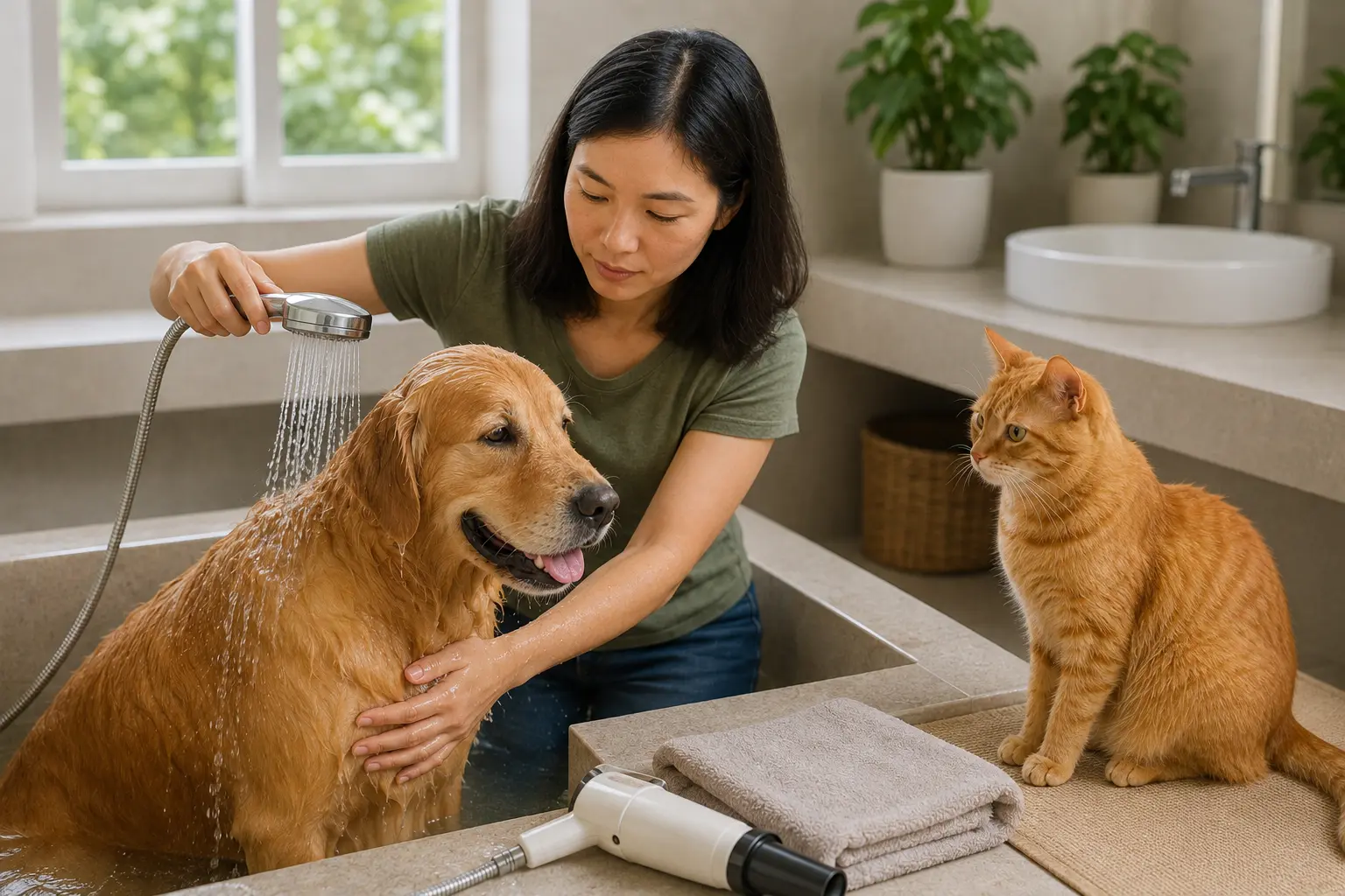 Xả sạch và chuẩn bị làm khô bộ lông chó sau khi tắm