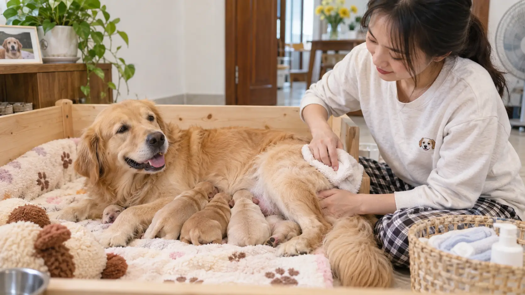 Chó mẹ sau sinh nằm cùng đàn con trong khi chủ nuôi lau sạch nhẹ bằng khăn ấm