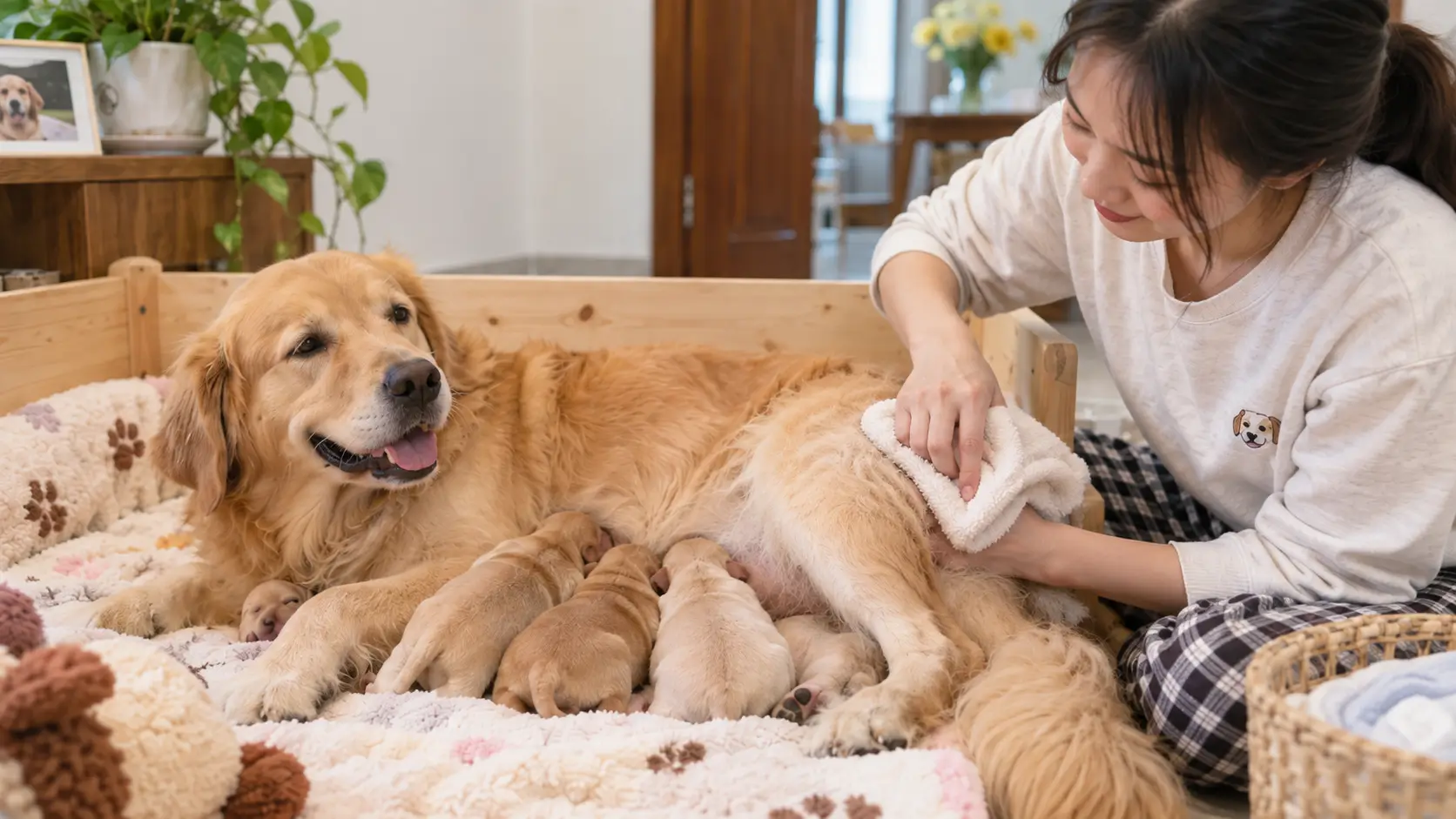 Lau sạch vùng lông bị bẩn cho chó mẹ sau sinh bằng khăn mềm thay vì tắm toàn thân