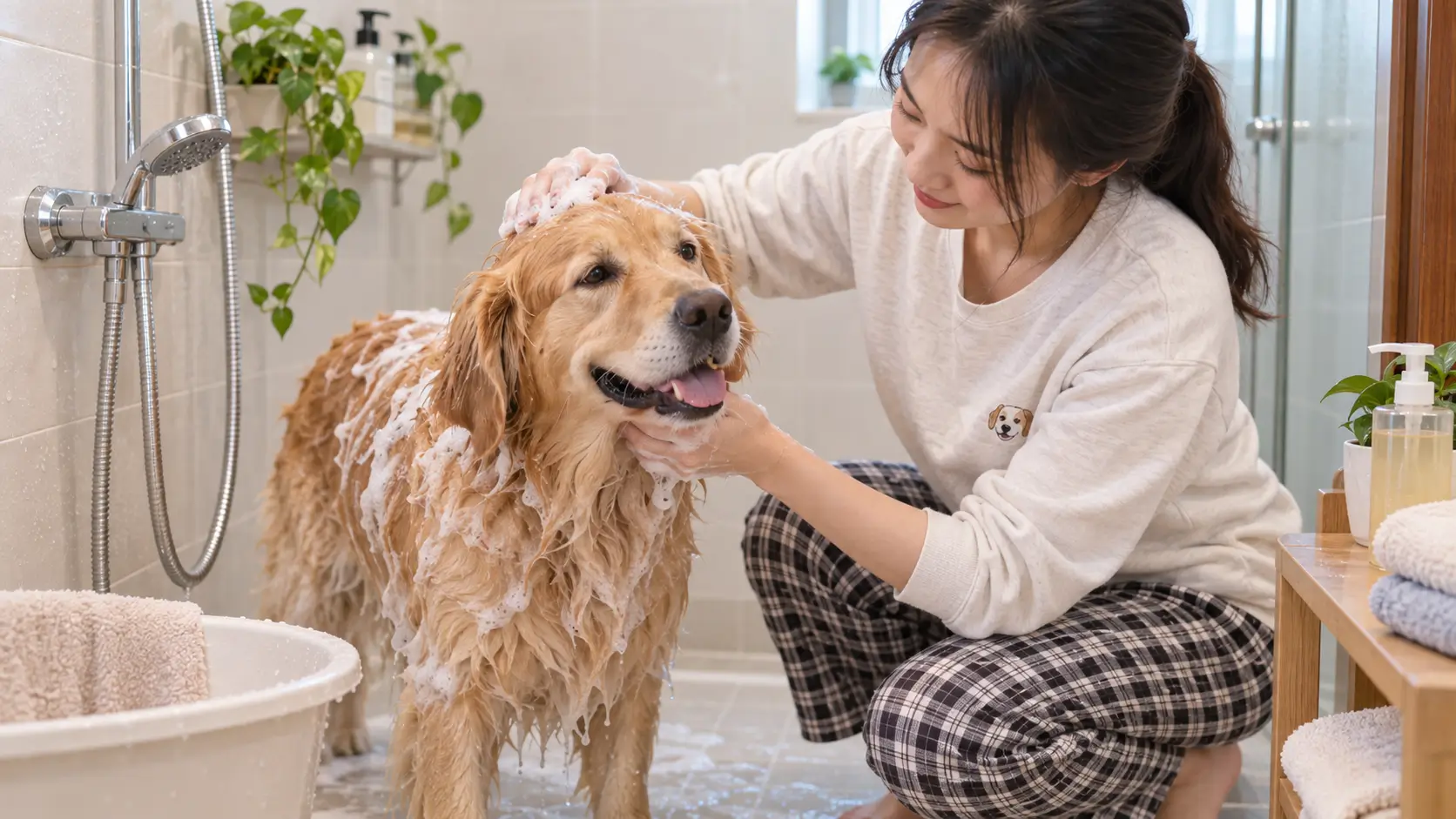 Tắm nhanh cho chó mẹ sau sinh bằng nước ấm khi chó đã hồi phục ổn định