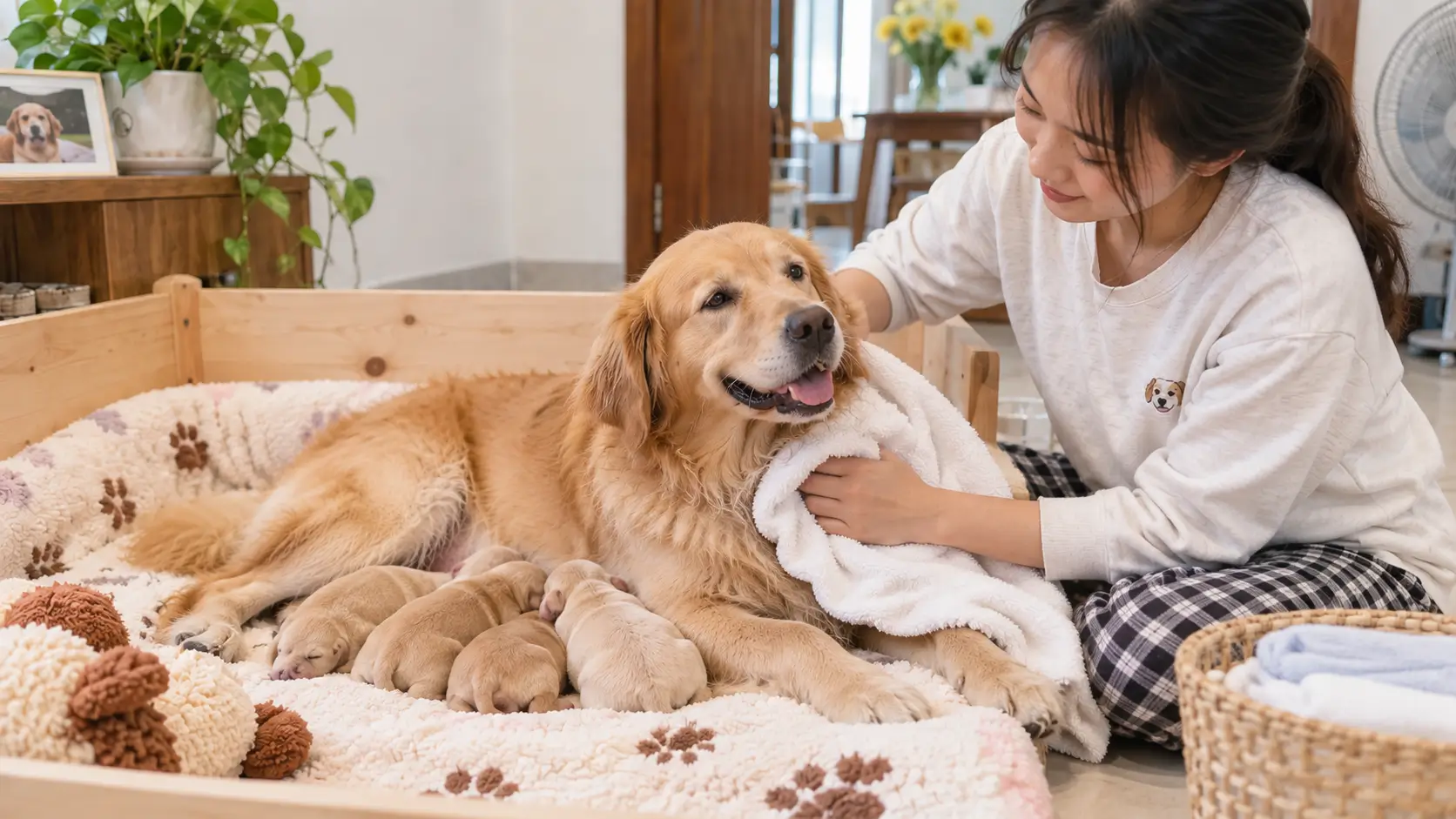 Lau khô kỹ lông chó mẹ sau khi tắm trước khi trở lại nằm cùng đàn chó con