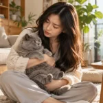 Cô gái băn khoăn ôm mèo Anh lông ngắn bên chiếc tông đơ tỉa lông thú cưng