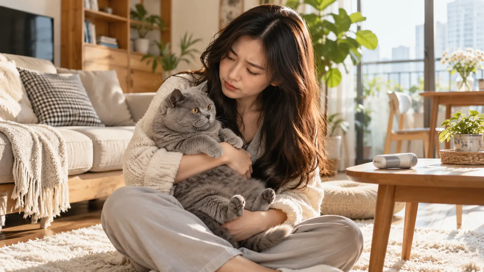 Cô gái băn khoăn ôm mèo Anh lông ngắn bên chiếc tông đơ tỉa lông thú cưng