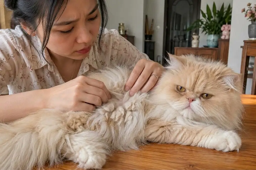 Kiểm tra mảng lông bị bết dính vón cục sát da ở mèo