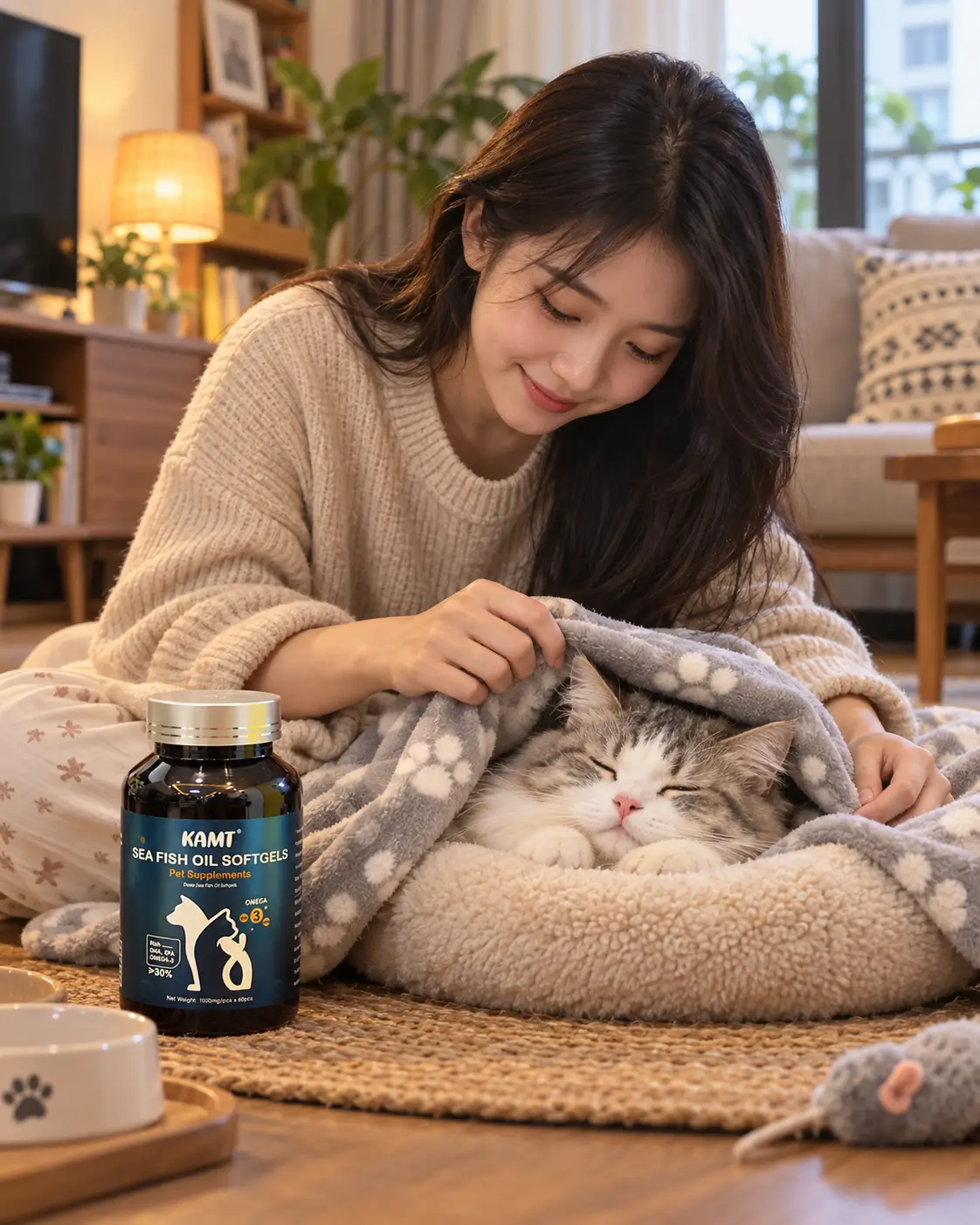 Chủ nuôi đắp chăn mỏng giữ ấm cho mèo sau khi tỉa lông