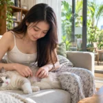 Cô gái dùng hai tay nhẹ nhàng vạch lớp lông mượt trên lưng chú mèo Anh lông ngắn để kiểm tra bề mặt da.