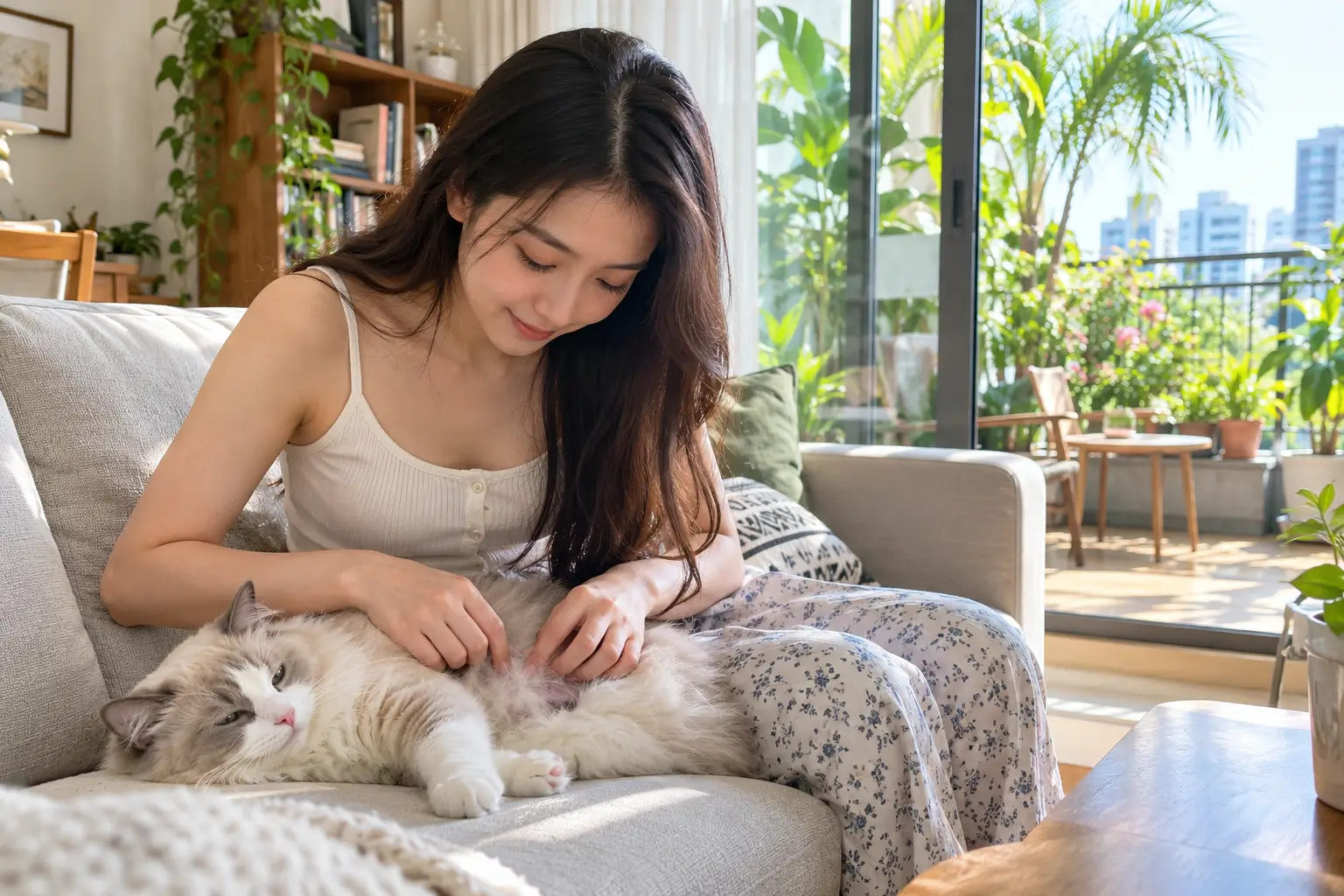 Cô gái dùng hai tay nhẹ nhàng vạch lớp lông mượt trên lưng chú mèo Anh lông ngắn để kiểm tra bề mặt da.