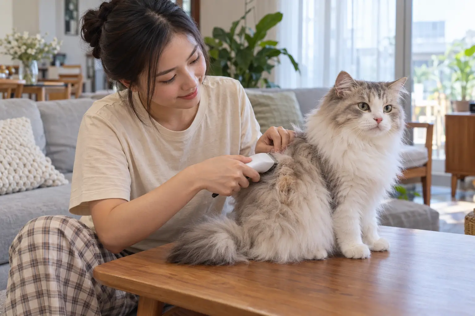 Chủ nuôi dùng tông đơ cẩn thận cắt bỏ phần lông rối bết ở hông chú mèo lông dài trên bàn gỗ.