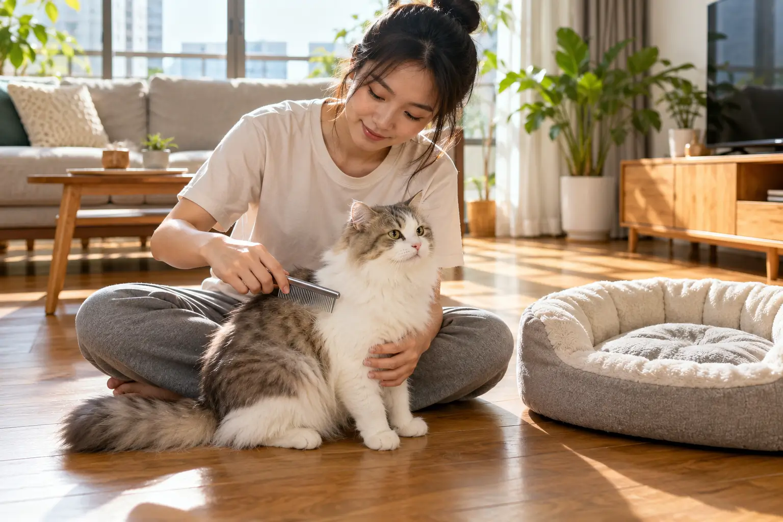 Tay chủ nuôi cầm lược răng khít chải nhẹ dọc theo sống lưng mèo, bên cạnh là thảm lót ổ nằm đã giặt sạch.
