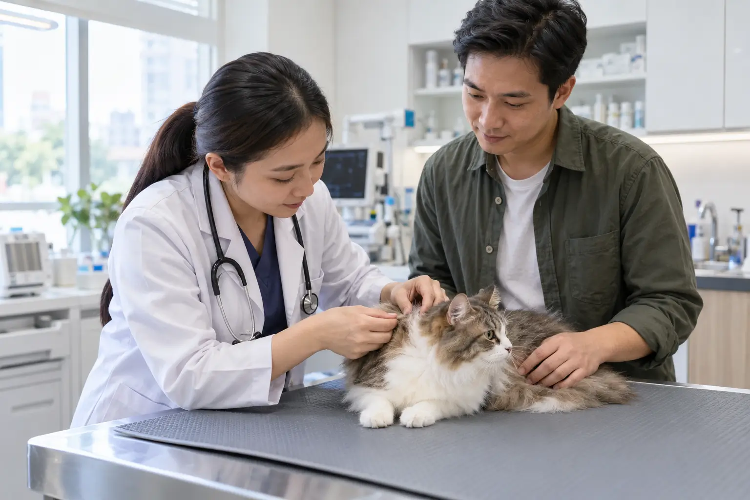 Đưa mèo đi kiểm tra da và ký sinh trùng tại phòng khám thú y.
