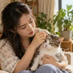 Cô gái kiểm tra vùng lông rụng trên đầu mèo