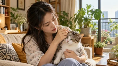 Cô gái kiểm tra vùng lông rụng trên đầu mèo