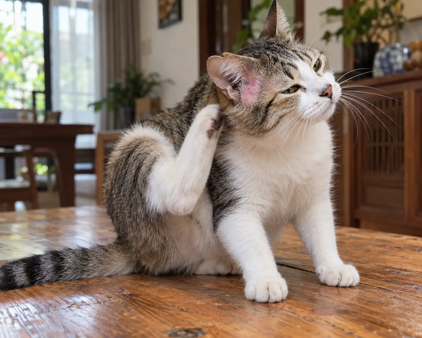 Mèo cào gãi vành tai bị rụng lông và đỏ da