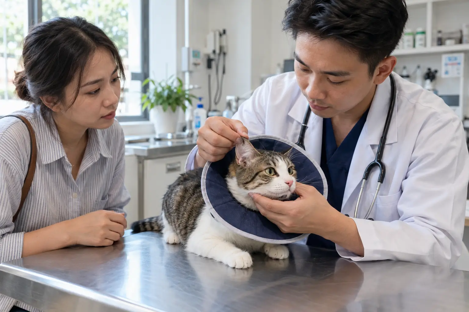 Bác sĩ thú y kiểm tra tai và da đầu cho mèo