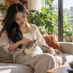 Cô gái vuốt ve mèo lông ngắn thư giãn trên sofa phòng khách chung cư