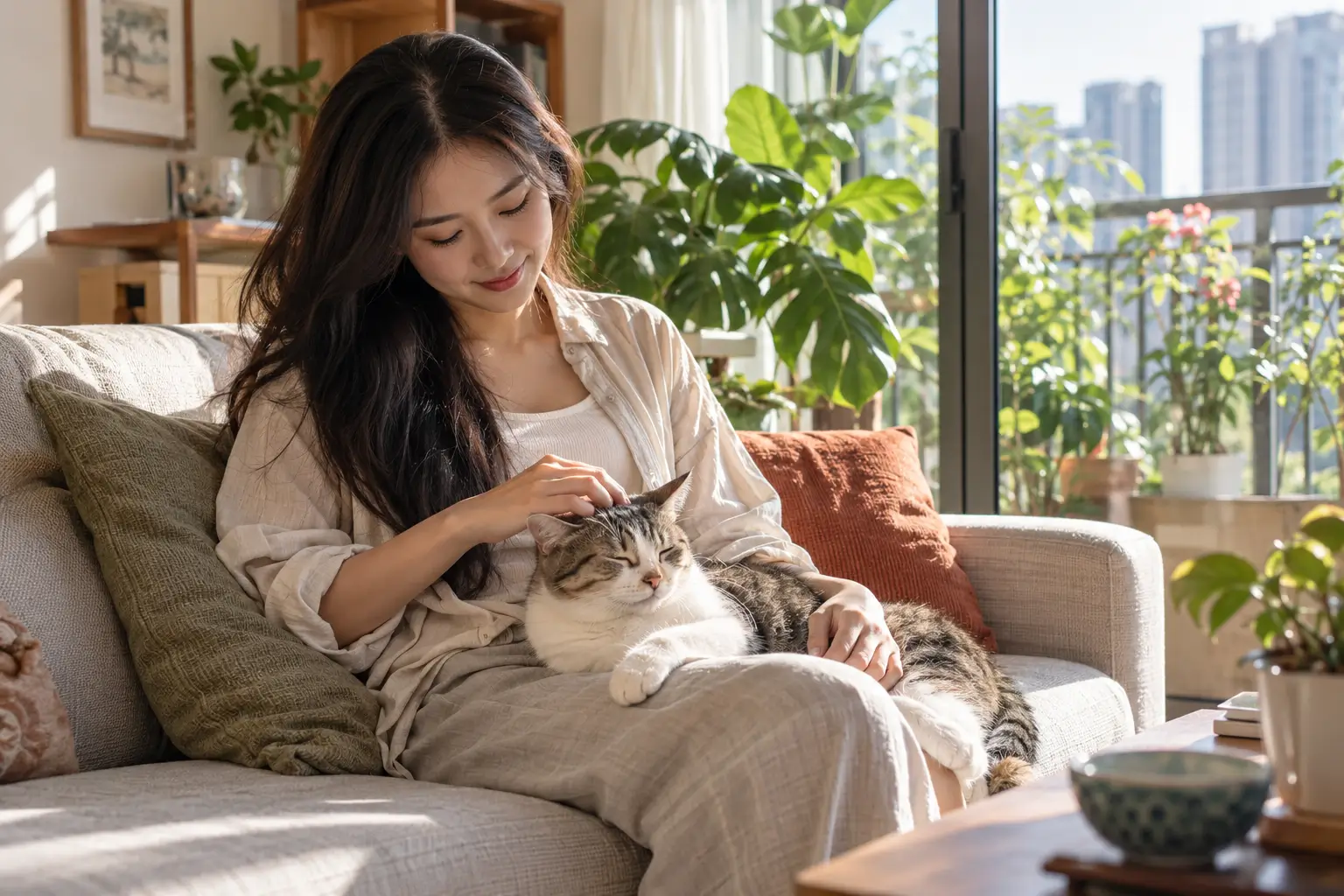 Cô gái vuốt ve mèo lông ngắn thư giãn trên sofa phòng khách chung cư