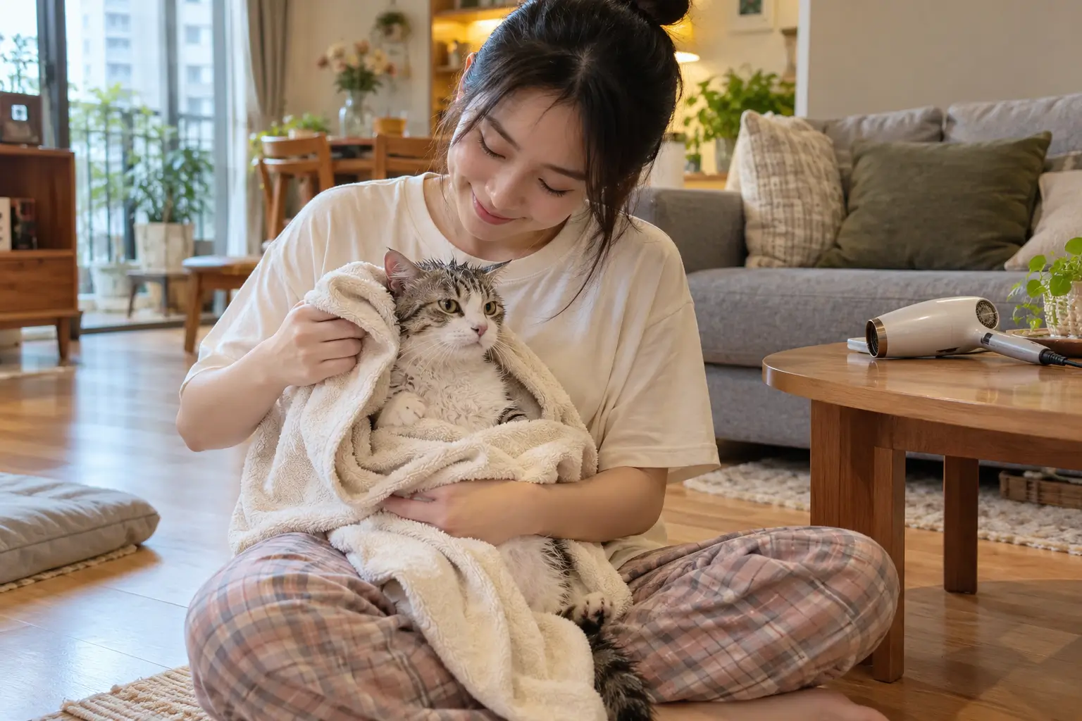 Chủ nuôi dùng khăn bông mềm lau khô lông cho mèo sau khi tắm