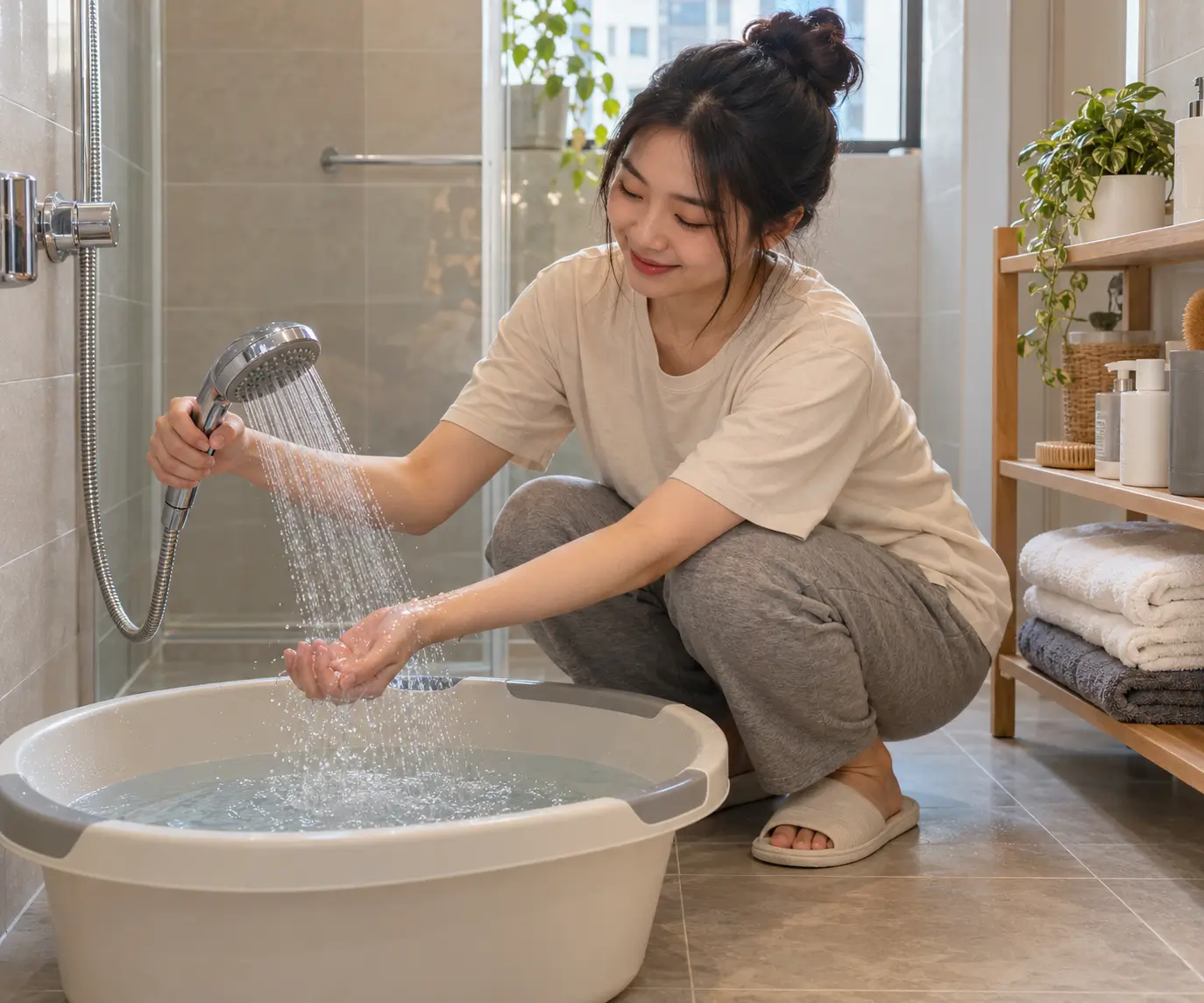 Thử độ ấm nguồn nước tắm cho mèo bằng cổ tay trong nhà tắm